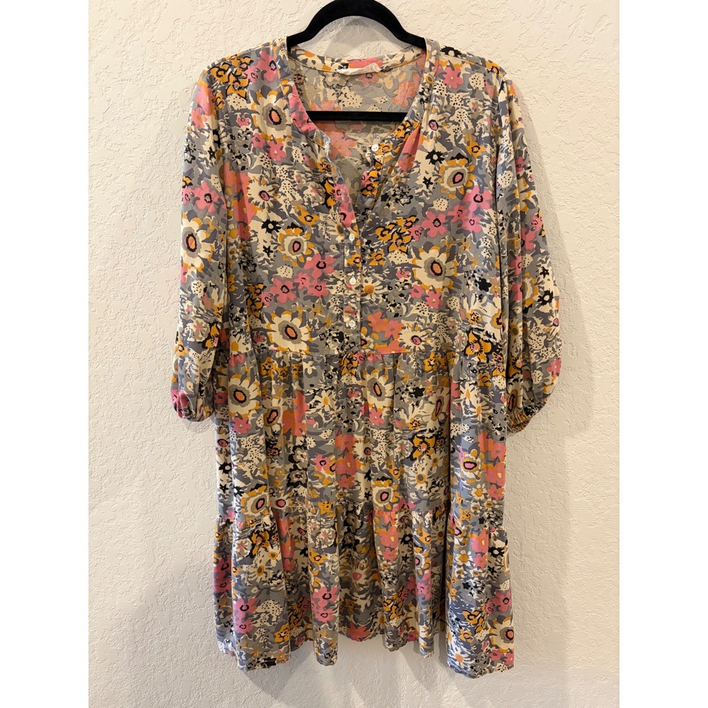 Natural Life Floral Tiered Mini Dress Pink Yellow Grey Boho L